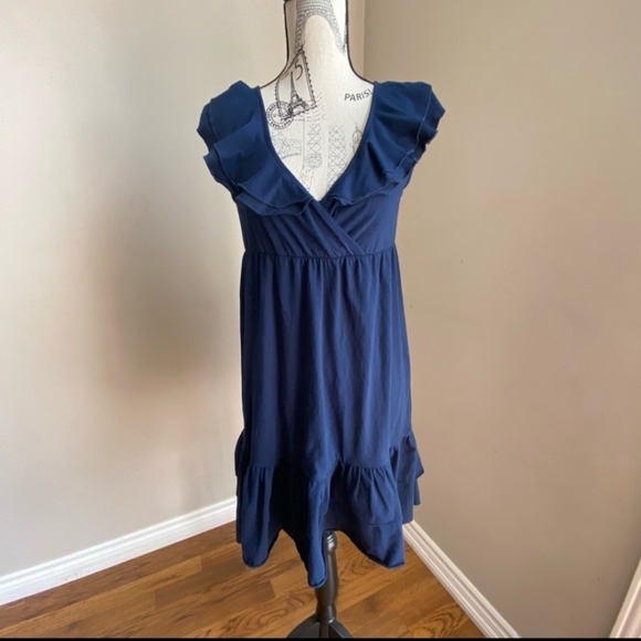 Navy Blue V-neck Ruffed Dress - Picture 2 of 5